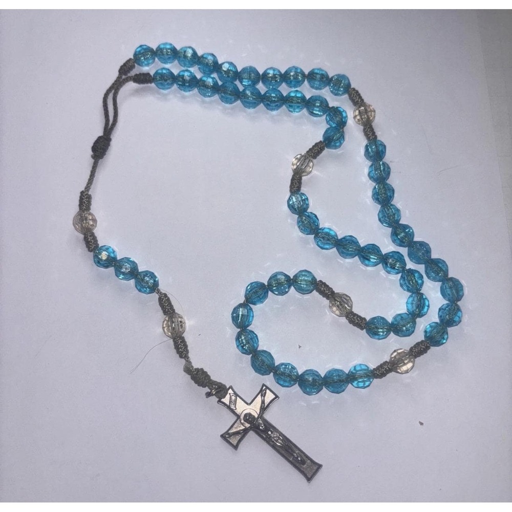 Vintage Rosary Catholic Necklace Teal Blue Aqua Beads Silver Tone Cross Knouted